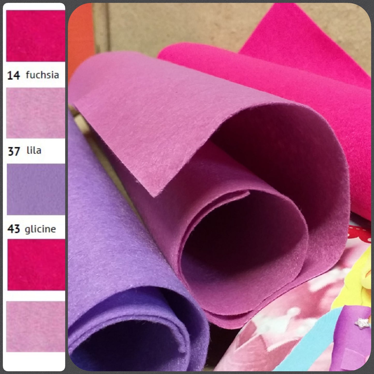 glicine lilla fuchsia feltro pannolenci sottile 1 mm tessuto tinta unita uso per creazioni fiori lavoretti creativi bambini hobbistica addobbi natalizi albero decorazioni pasquali