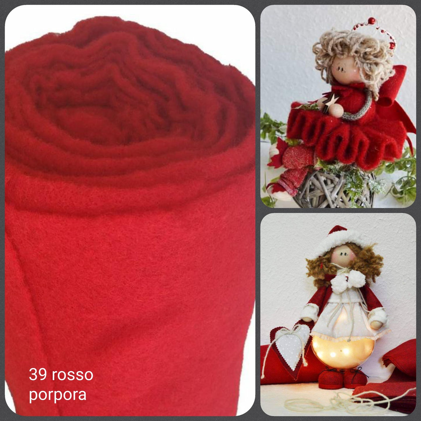 rotolo rosso porpora feltro vello di lana Stafil-Lehner Filz Ultima Wolle tessuto morbido modellabile panno 4 mm idee angioletti bamboline natalizie bianche rosse con campanellini sonagli