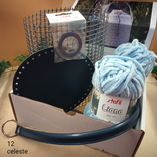 azzurro celeste chiaro ecopelle blu kit Tania bag Stafil Diy spiegazioni materiale realizzare borsa fettuccia ciniglia e accessori fondo tondo manico occhiello completa rete canvas cordino cerato istruzioni tutorial passo passo