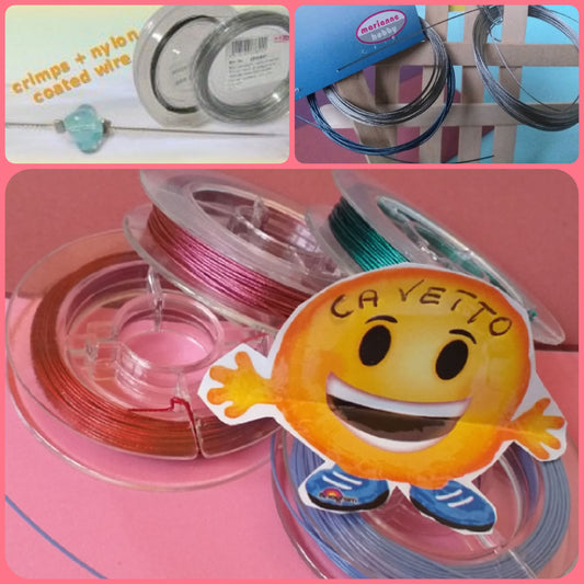 negozio coated wire filo inox bigiotteria con schiaccini acciaio rivestito nylon in cavetti collane lavorazione perline perle pietre vetrina