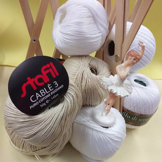 stafil cablè 3 filo di scozia cotone per uncinetto pregiato colore bianco ecrù stock gomitolo filati offerta per lavori a maglia centrini bomboniere scialle stole costumi mare