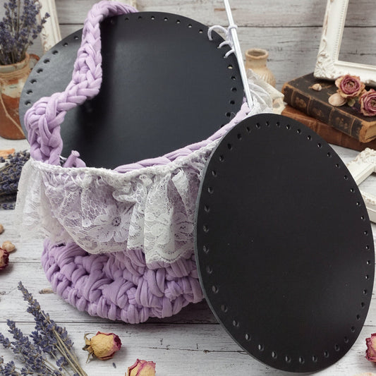 fondi ecopelle colore nero forati rotondi diametro 18 cm uso fai da te borse artigianali fettuccia uncinetto fatte a mano handmade accessori borsette spiaggia estive mare e cestini