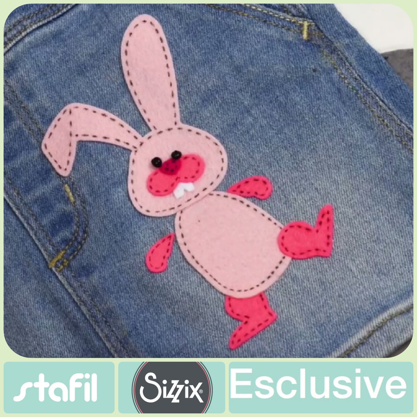 applicazione per jeans creata con fustella sizzix coniglietto Bunny feltro Pannolenci rosa e fucsia