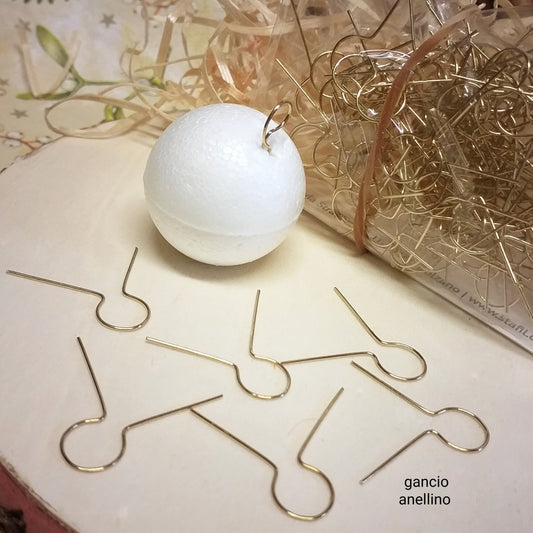 gancini per sfere palline decorazioni addobbi da appendere albero di Natale e forme oggetti uova polistirolo appendini ferro ottone cerchietto anellino da incastro