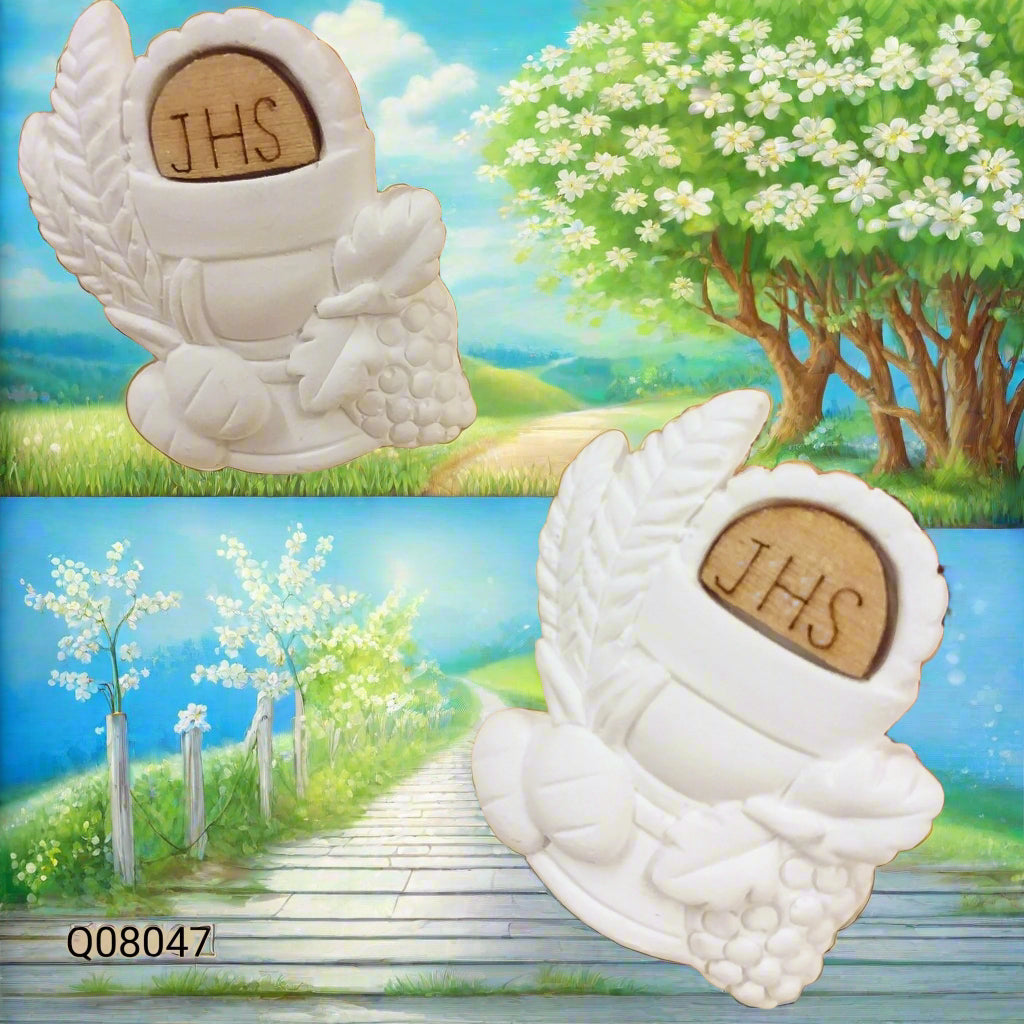 gessetti spighe pane uva JHS Icone sacre legno gesso rappresentazione articoli religiosi decorazioni applicazioni fai da te bomboniere Prima Comunione