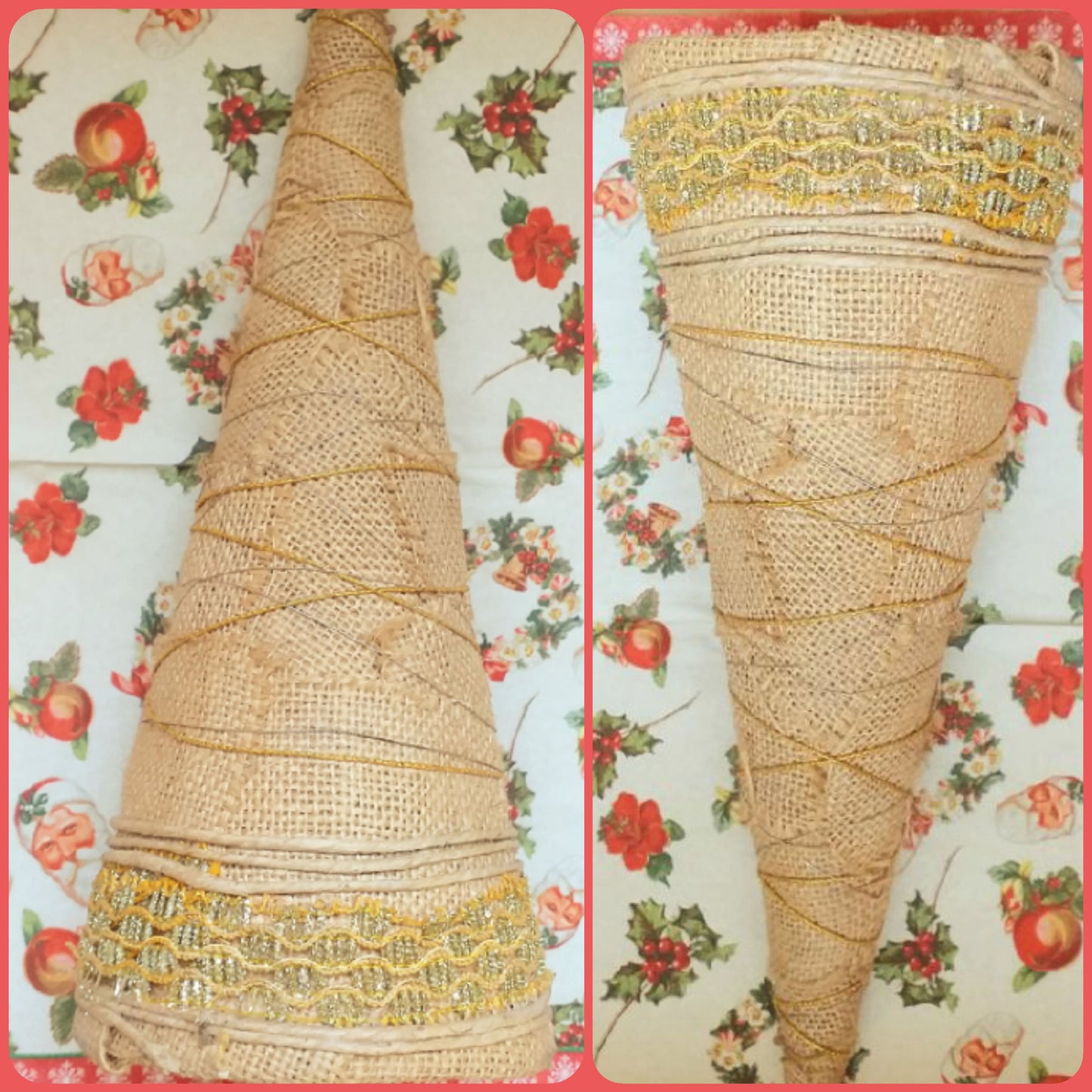 basi strutture da decorare biedermeier ghirlande fuoriporta fai da te Natale rustico forma cono cornucopia juta grezza e pizzo oro uso decorazioni addobbi natalizi vetrinistica composizioni centrotavola floreali