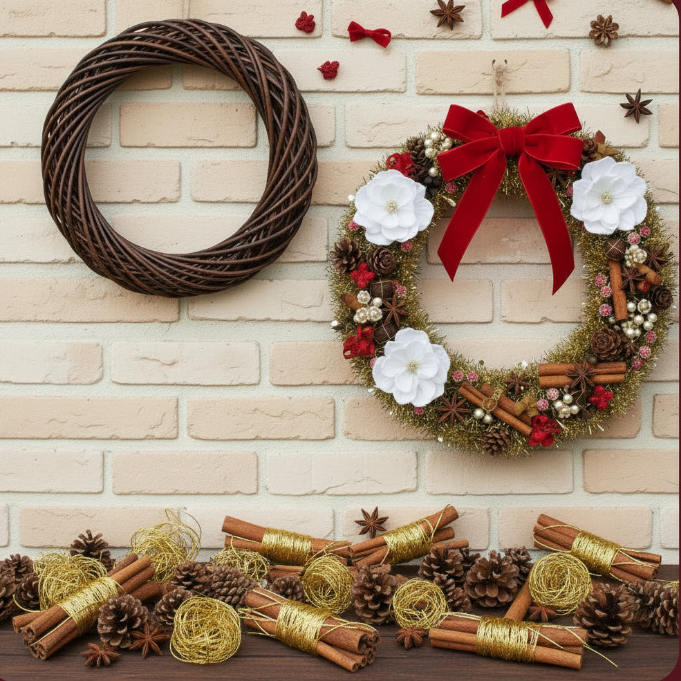 colore marrone scuro naturale ghirlande vimini intrecciato rattan coroncine cerchi natale spezie biedermeier fiori secchi pigne bacche anice cannella