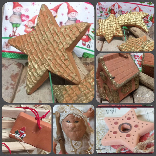 stelline gnomi Natale folletti del bosco juta corda decorazioni natalizie rustiche ciondoli casette dolci bigliettino addobbi albero di terracotta uso packaging confezionamento chiudi pacco regalo