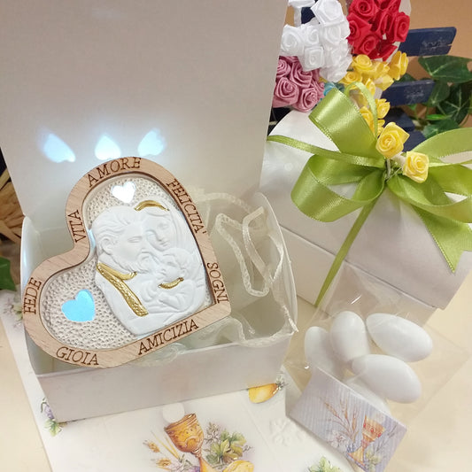 icone led cuore gesso legno pirografato frasi scritte fede vita amore felicità sogni gioia amicizia bomboniere sacra famiglia confezionate battesimo comunione cresima matrimonio portaconfetti scatola bigliettino roselline scelta colori