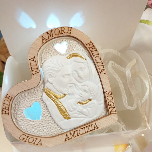 negozio icone led cuore gesso legno pirografato frasi scritte fede vita amore felicità sogni gioia amicizia bomboniere sacra famiglia confezionate battesimo comunione cresima matrimonio portaconfetti panna scatola bigliettino
