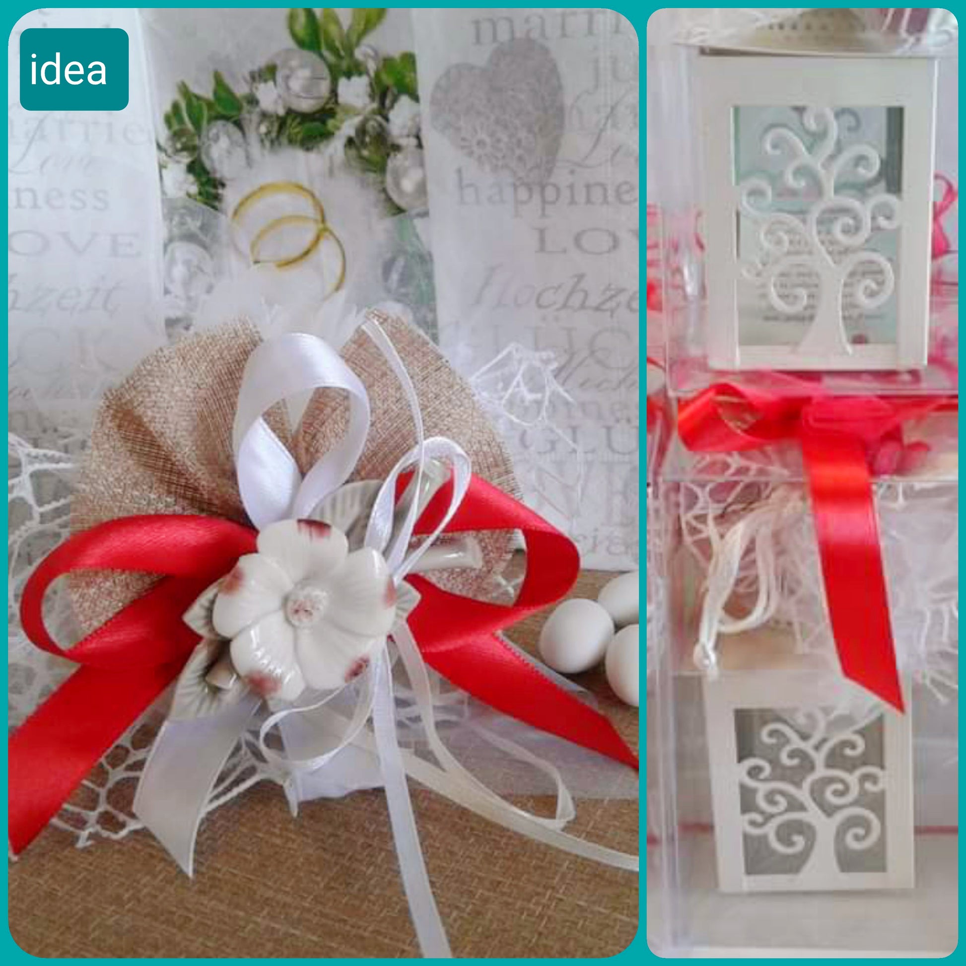 Come confezionare segnaposto bomboniera Lanterna albero vita fiore porcellana con portaconfetti tulle e rete velo con tirante