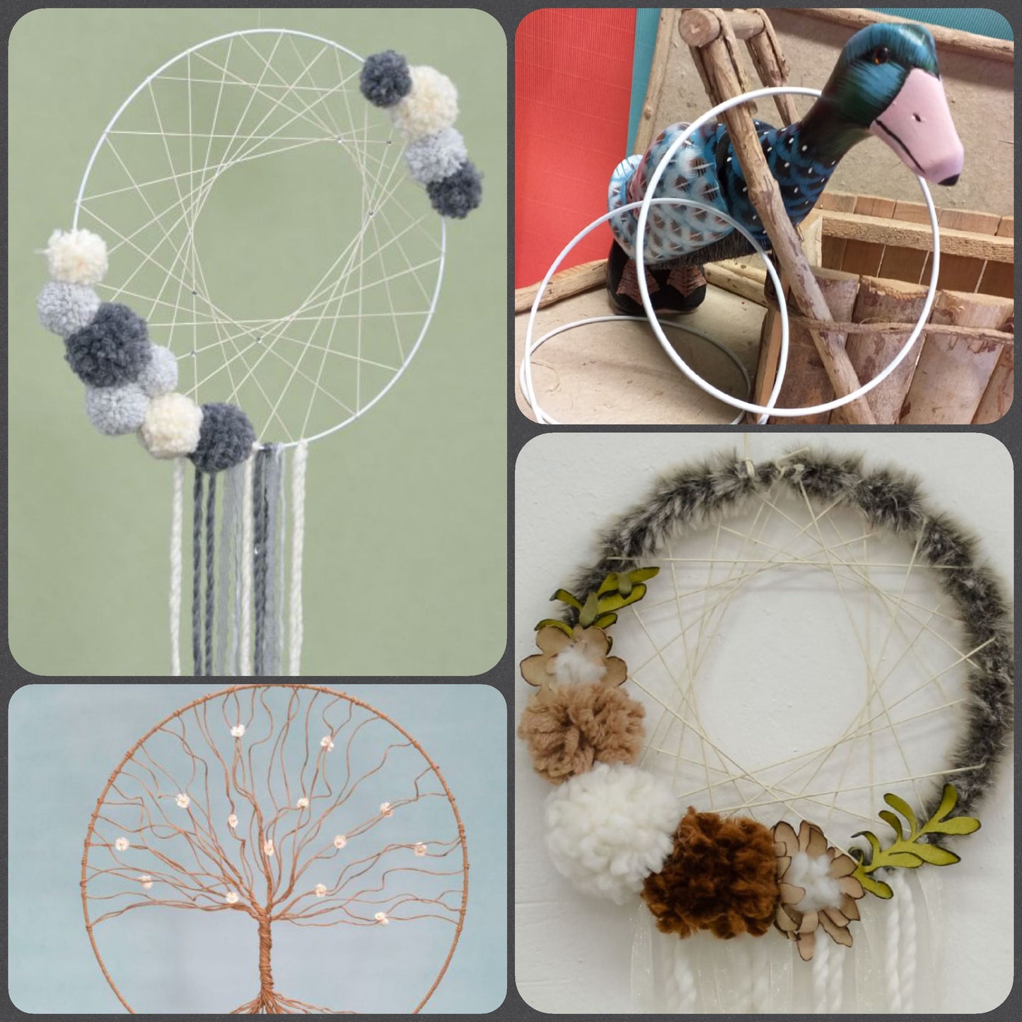 idee creare acchiappasogni ghirlande dreamcatcher con cerchi decorativi di metallo bianco ferro laccato piccoli grandi strutture anelli corda macramè lana filato pompon e cuddly effetto pelliccia filo metallico perline