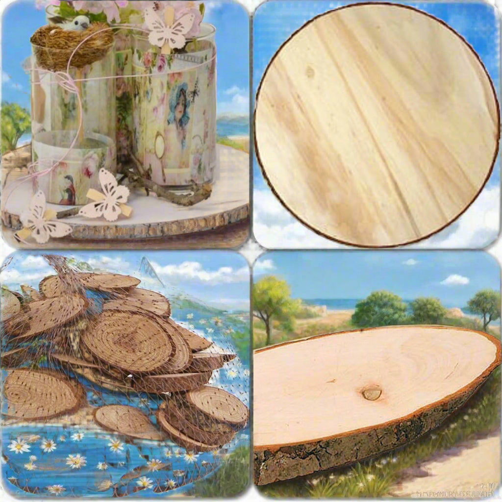 dischi fette di legno tronchi corteccia, idea per decorazioni con basi centrotavola matrimonio composizioni pasqua natale floreali di pesco uccellini farfalle