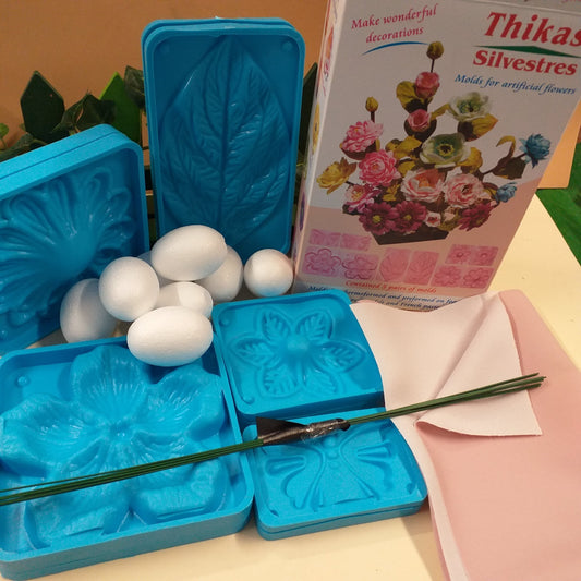 rosa chiffon e kit 5 formine doppie stampi silvestre Renkalik Thikas per tessuto termomodellabile termoformabile tecnica fommy gomma crepla creare fiori con stoffa termica Primette Primavera Natale ovetti polistirolo steli di filo di ferro