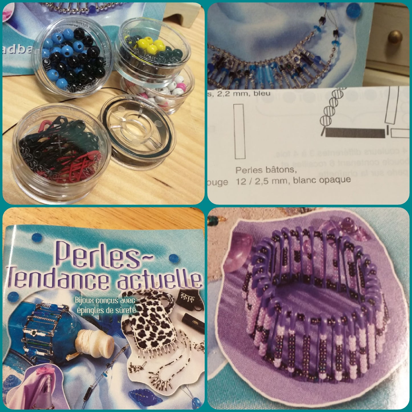 kit manuale schemi creare gioielli bijoux con spille di sicurezza da balia perline legno cordino elastico Perles tendance actuelle bracciali collane