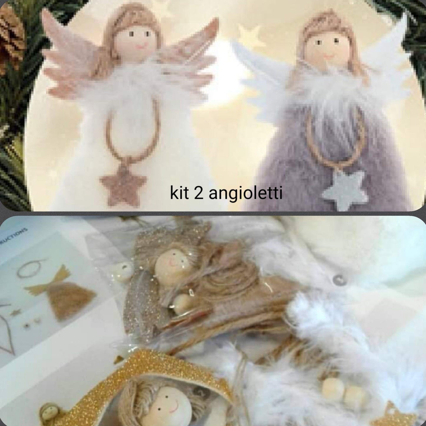 set 2 angioletti di pannolenci, Christmas do it yourself | Kit lavoretti creativi feltro Natale bambole occorrente spiegazioni materiali creativi imbottitura tessuto peluche teste di faccine disegnate fili juta capelli
