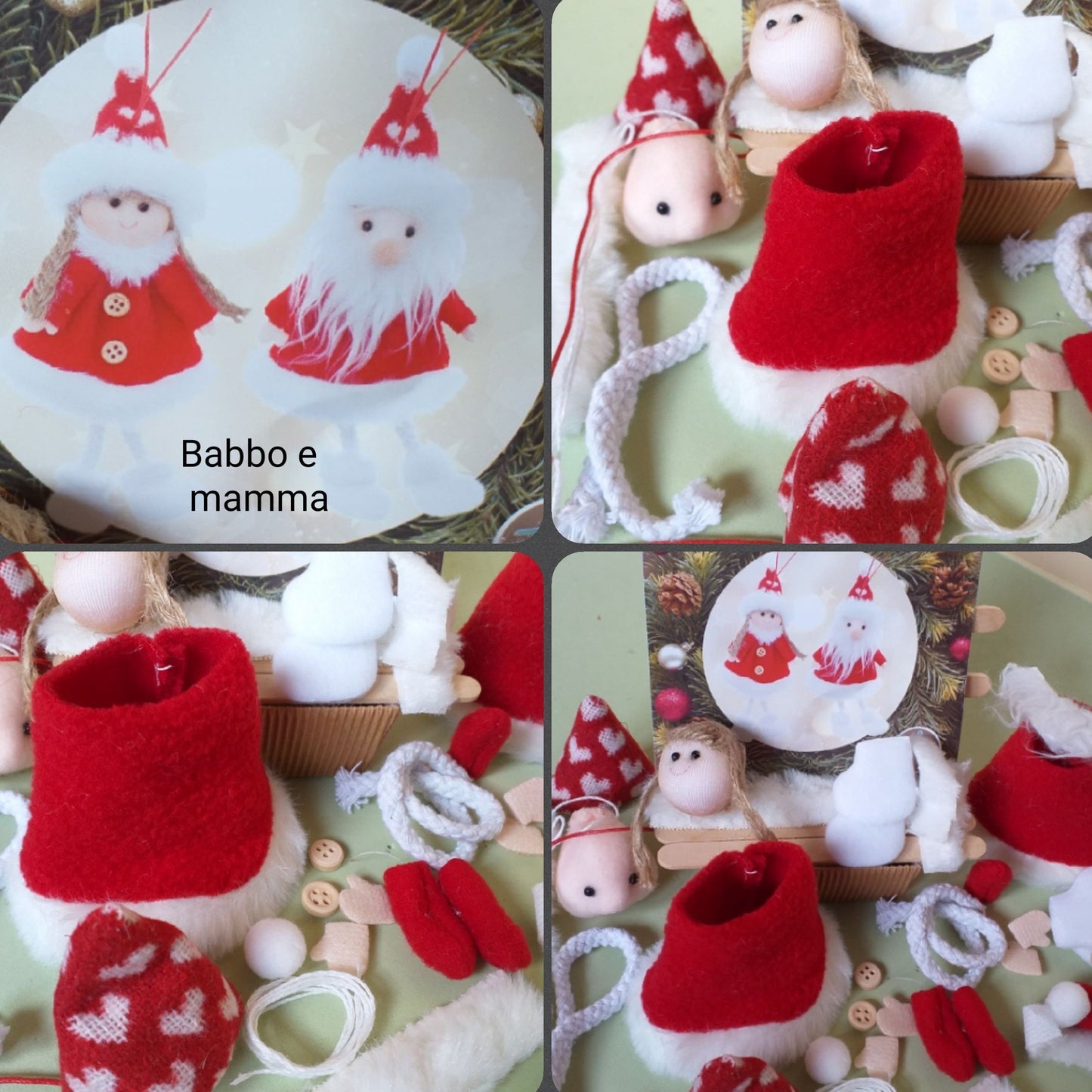 Babbo Mamma Natale Santa Claus di pannolenci, Christmas set do it yourself | Kit lavoretti creativi feltro Natale bambole occorrente spiegazioni materiali creativi imbottitura tessuto peluche testa disegnata tubolari cordone bottoncini mani piedi
