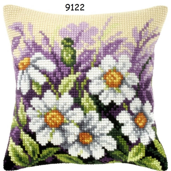 9122 fiori margherite foglie kit canovaccio tela stampata disegnata colorata fili di lana acrilica per cuscino punto croce da ricamare fondo panna composizioni floreali