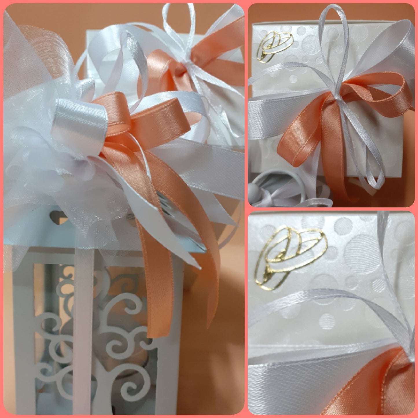 lanterna bomboniera albero della vita con sacchettini tulle nastri raso colori bianco pesca per matrimonio anniversario