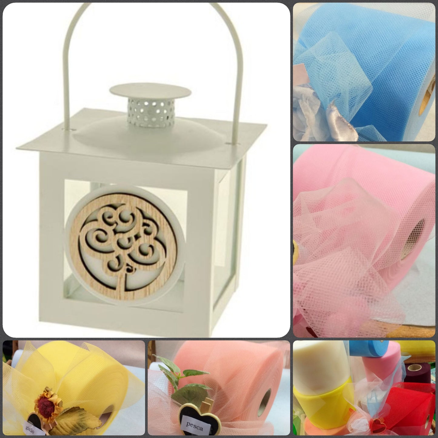 colori tulle per confezionare lanterna bomboniera metallo legno albero della vita confezionamento bomboniere Comunione Cresima Battesimo matrimonio confetti bianchi rosa celeste e scatola avana rustica