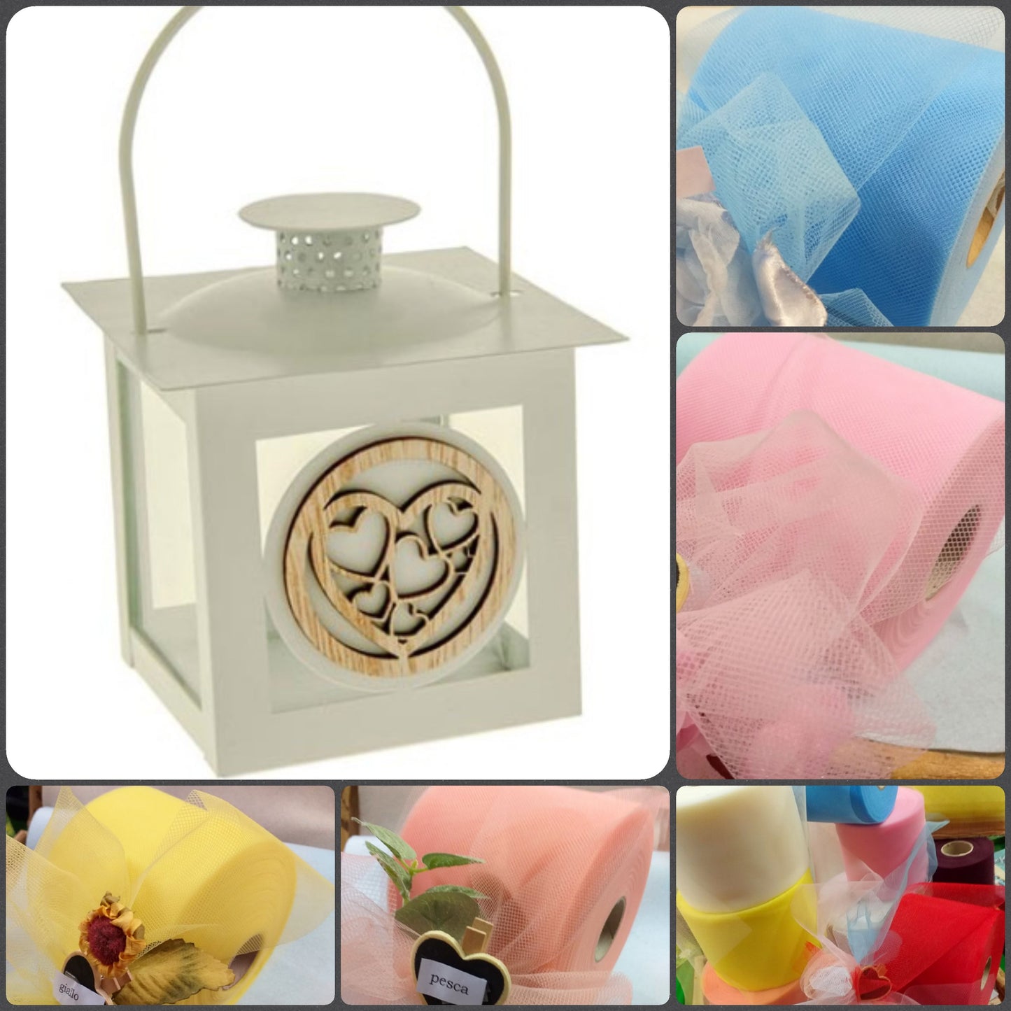 colori tulle per confezionare lanterna bomboniera metallo legno cuoricini confezionamento bomboniere Comunione Cresima Battesimo matrimonio confetti bianchi rosa celeste e scatola avana rustica