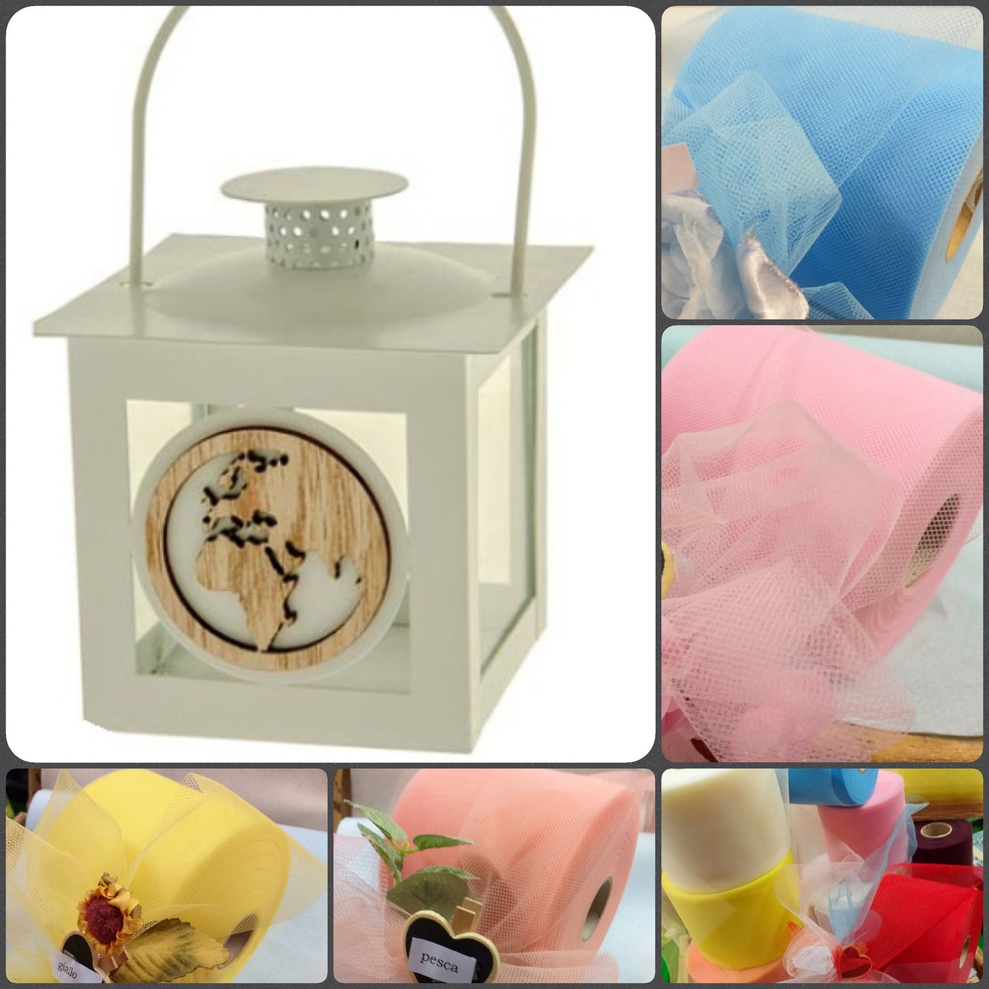 colori tulle per confezionare lanterna bomboniera metallo legno globo mappamondo confezionamento bomboniere Comunione Cresima Battesimo matrimonio confetti bianchi rosa celeste giallo pesca rosso
