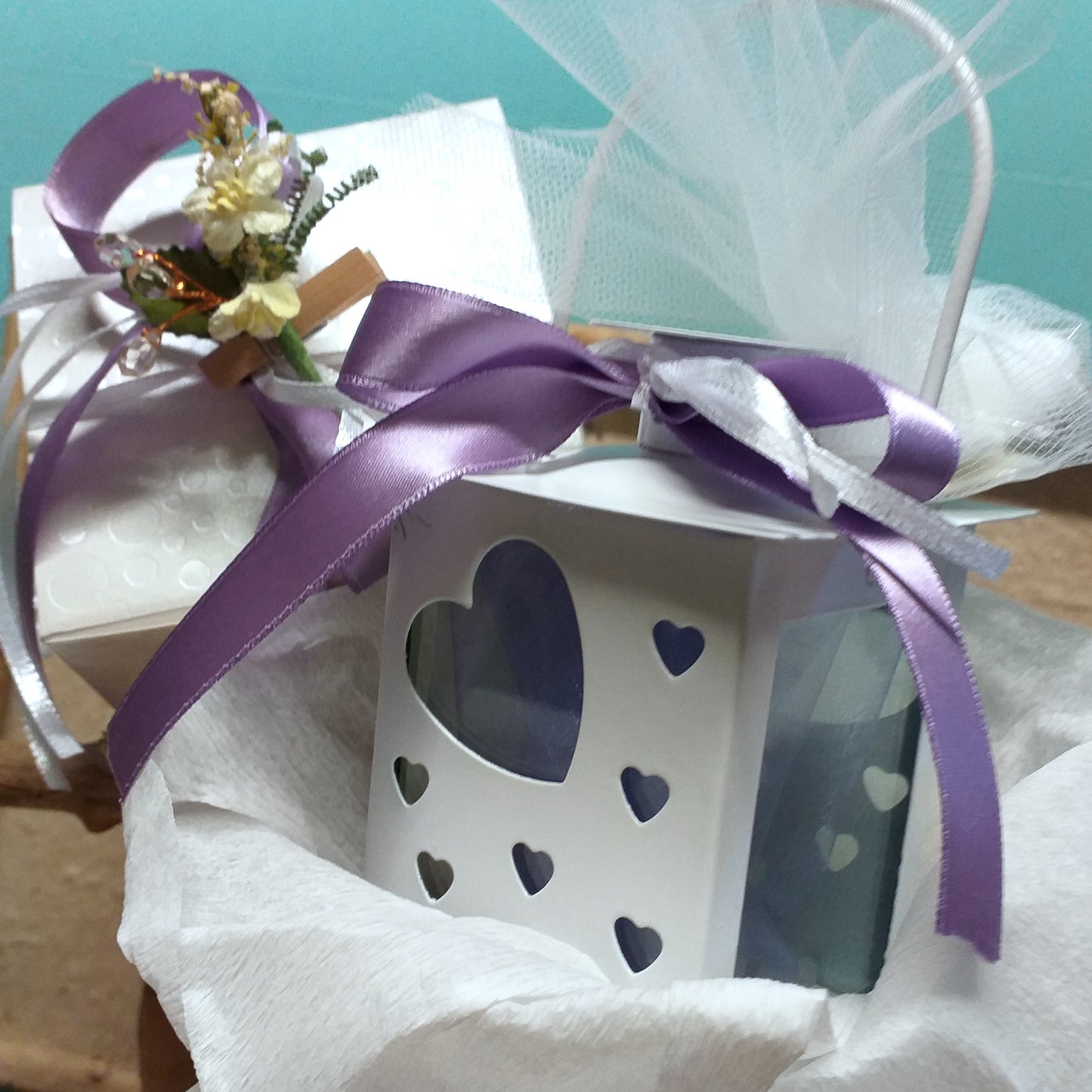 metallo bianco lanterne bomboniere matrimonio battesimo comunione cresima cuoricini confezionate lilla confetti tulle nastri bigliettini