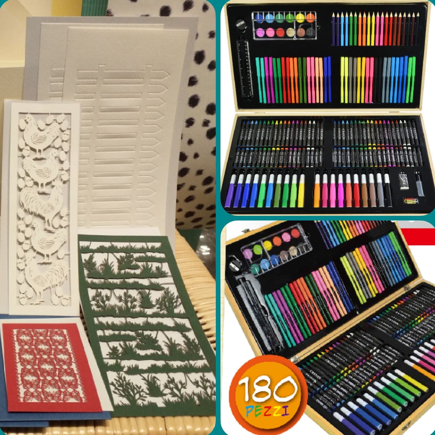 Vetrina negozio cofanetto valigetta artistica lavoretti creativi bambini kit carte cartoncini accessori IBS pennarelli fustellati Pasqua pastelli acquarelli righello colla per creazioni biglietti