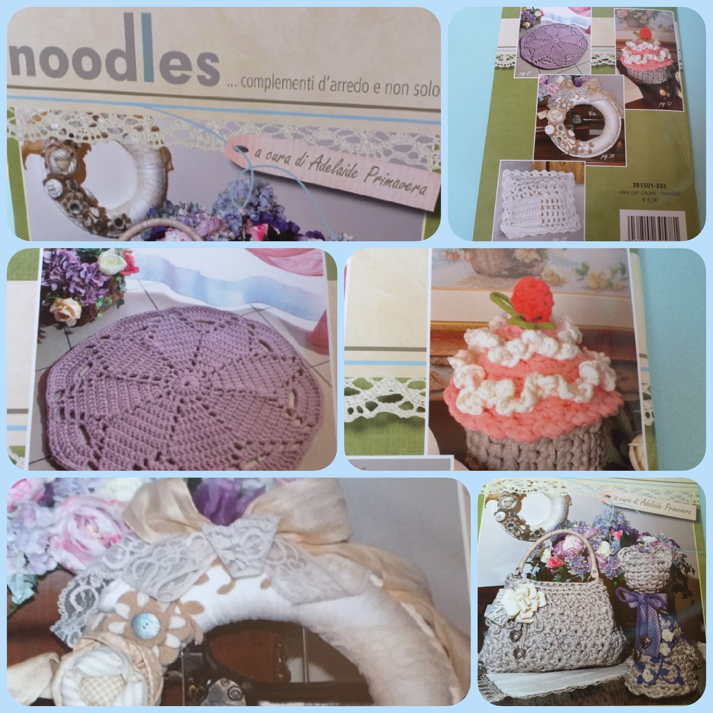 Idee per creare con manuali libri creativi noodles complementi d'arredo Adelaide primavera tappeti fettuccia cestini cuscini fuori porta borse uncinetto