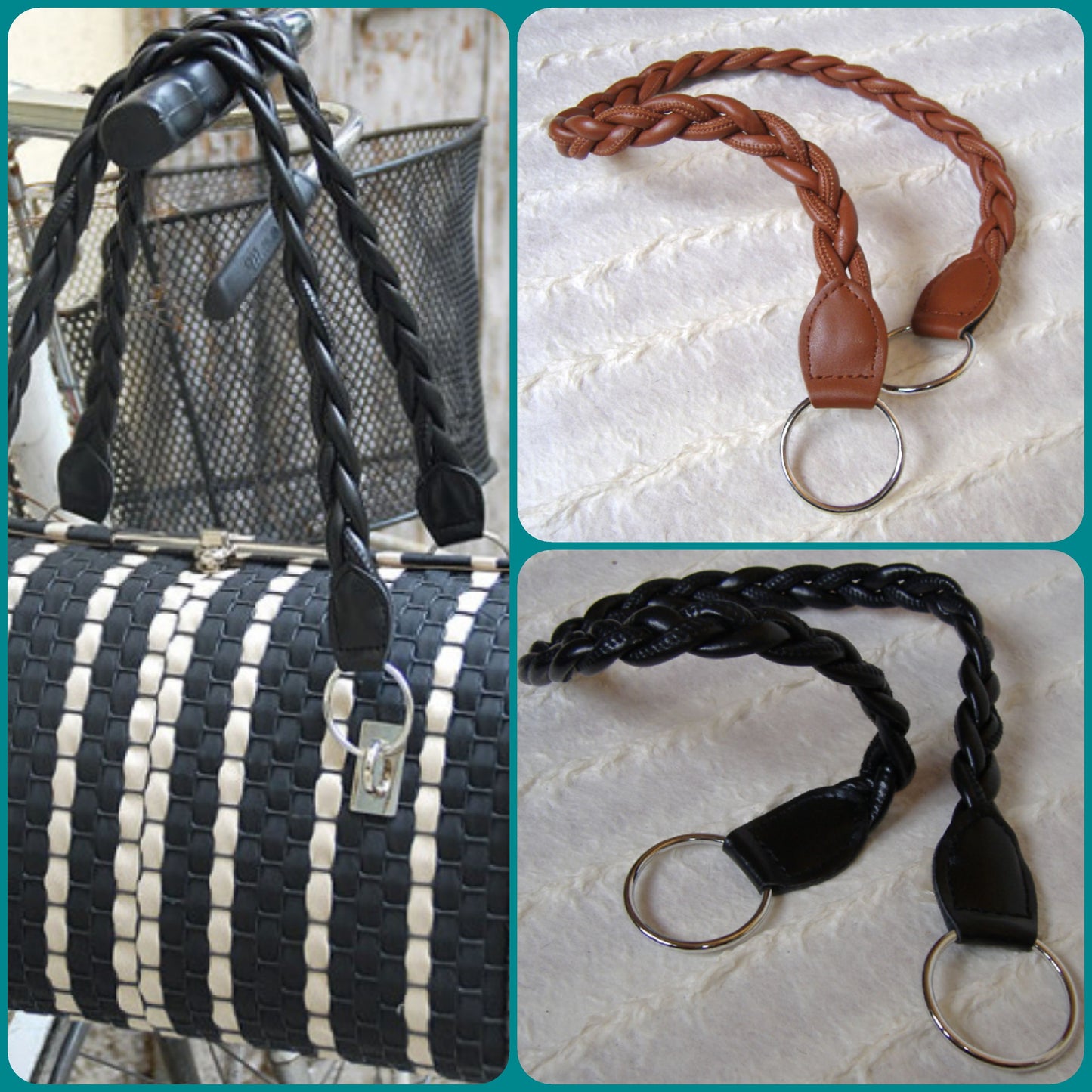 vetrina negozio manici per borse fettuccia uncinetto corda di ecopelle intrecciati con accessori finali chiusura anello nero tinta cuoio idea fai da te borsetta a spalla con piattina