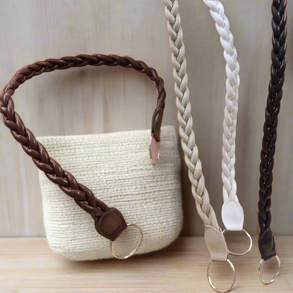 marrone tortora bianco nero manici borse ecopelle intrecciati estivi con accessori di chiusura gancio anello uso per borsette lavorazione artigianale fatte a mano uncinetto di fettuccia corda rafia macramè cordino thai