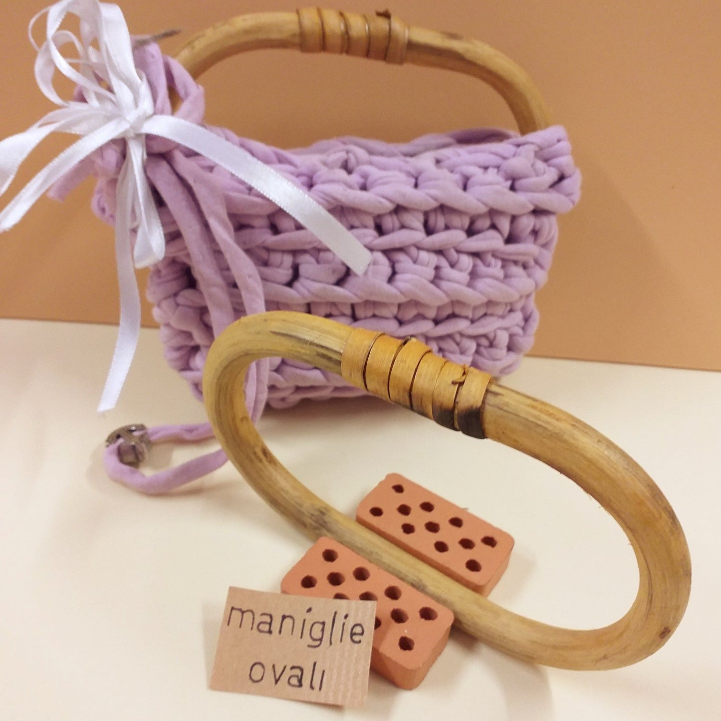 coppia manici bamboo forma ovali maniglie per borsette accessori fai da te uso chiusure borse uncinetto artigianali fatte a mano con fettuccia cordini cordoncini rafia tessuto feltro velluto