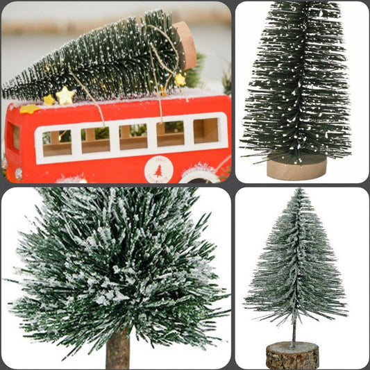 idee creazioni fai da te mini albero di Natale artificiale piccolo da tavolo abete innevato base su tronco legno miniature in pino per Presepe uso alberino decorazioni natalizie addobbi vetrine