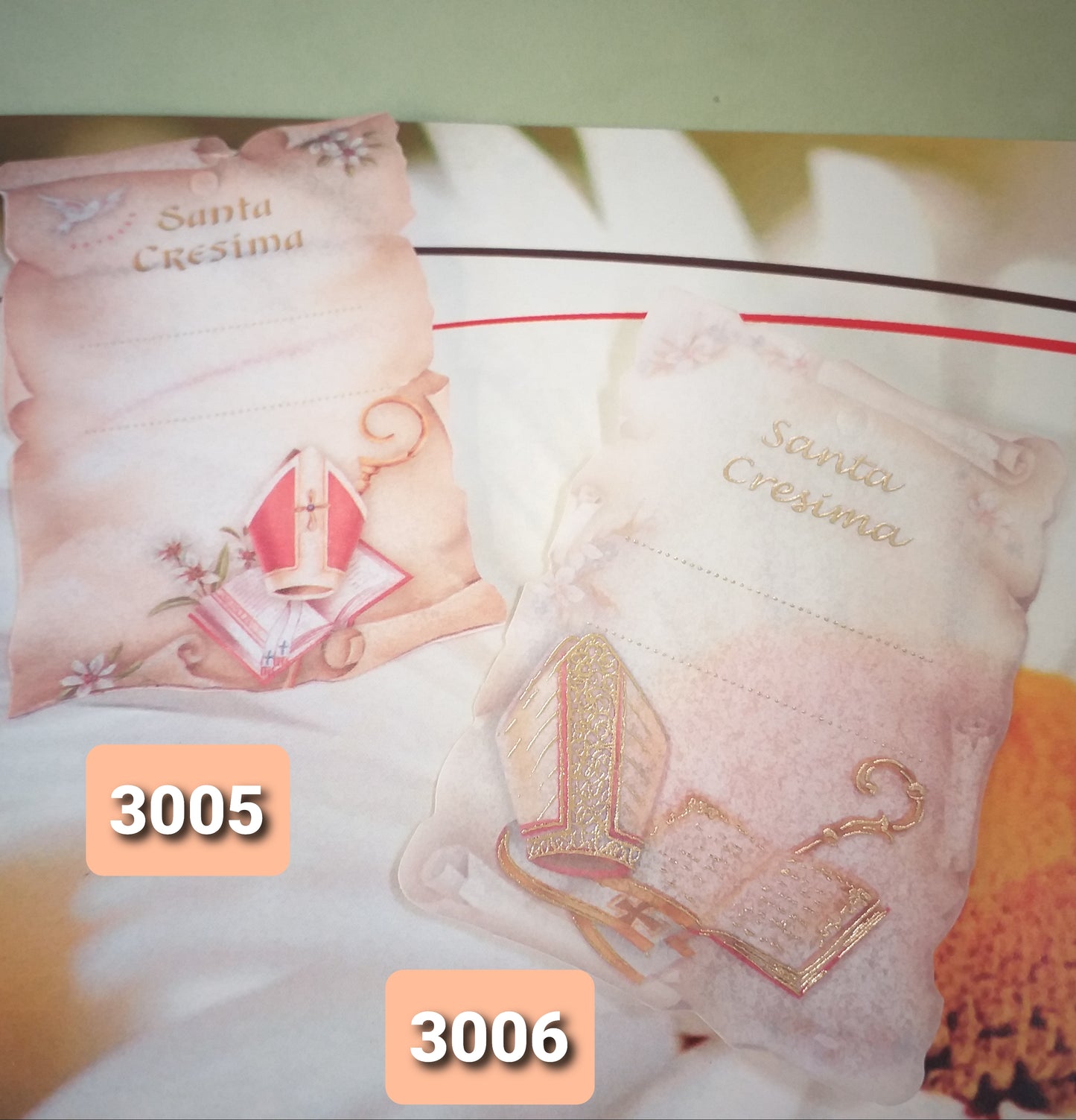 mini pergamene colomba simboli vescovo bigliettini bomboniere Cresima Comunione stampati o fai da te