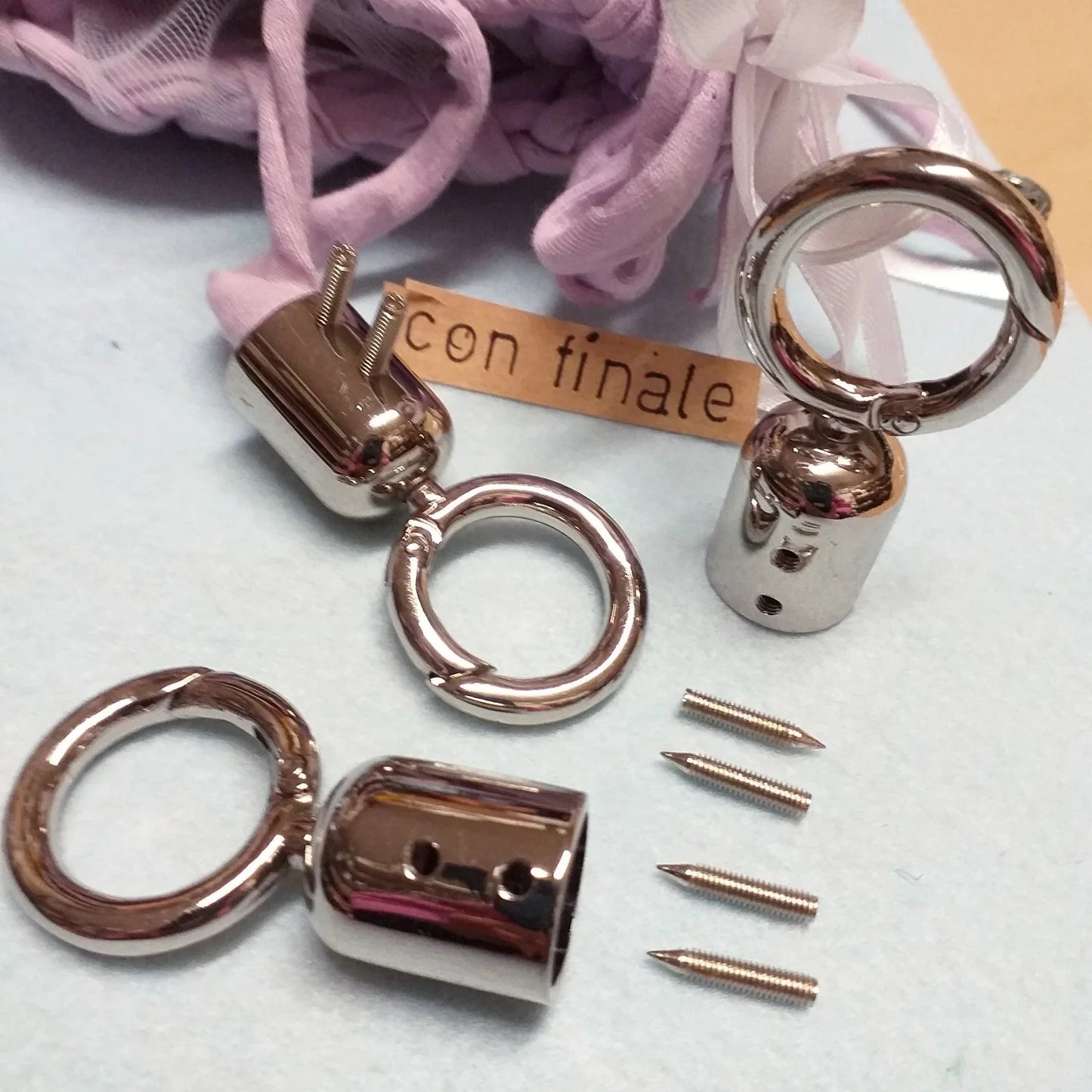 minuterie moschettoni chiusure anello e connettore attacco finale con viti ad uso accessori borse artigianali fai da te per manici e nappine decorative
