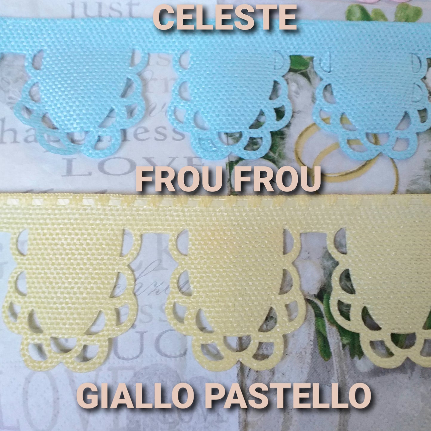 celeste bambino giallo pastello fai da te bomboniere con nastro portaconfetti juta tulle con tirante creare coccarda fiore segnaposto