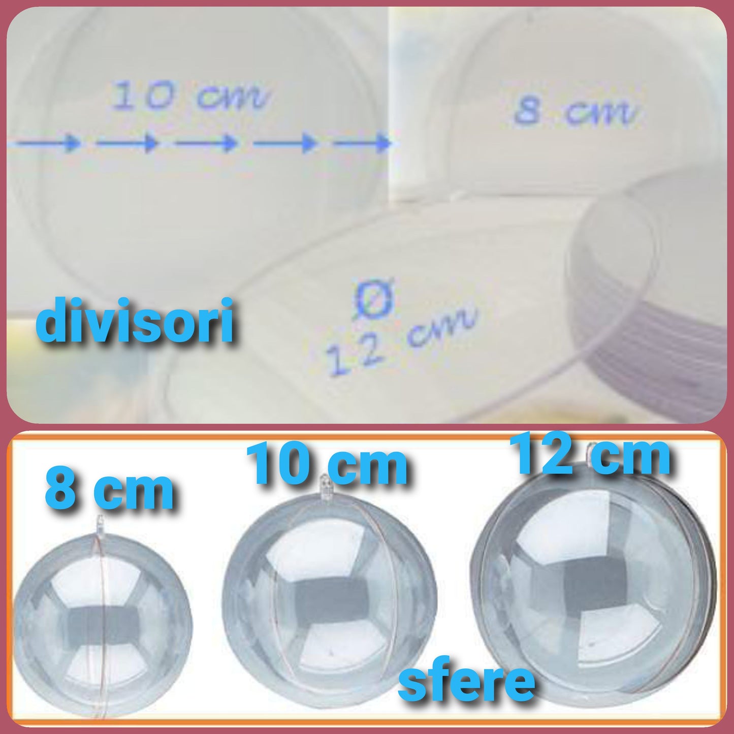 divisori e 8 10 12 cm palline plastica trasparente apribili divisibili sfere aperte Natale da decorare riempire