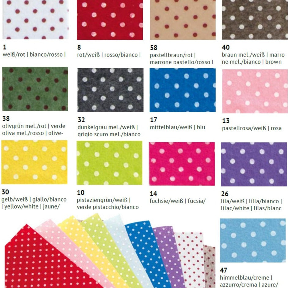 catalogo feltro tessuto colorato pannolenci 1 mm stampato disegnato fantasia a pois colori fogli per decorazioni natalizie uso bambola Pervinca idee lavori con coccarde nascita bimbi lavoretti creativi