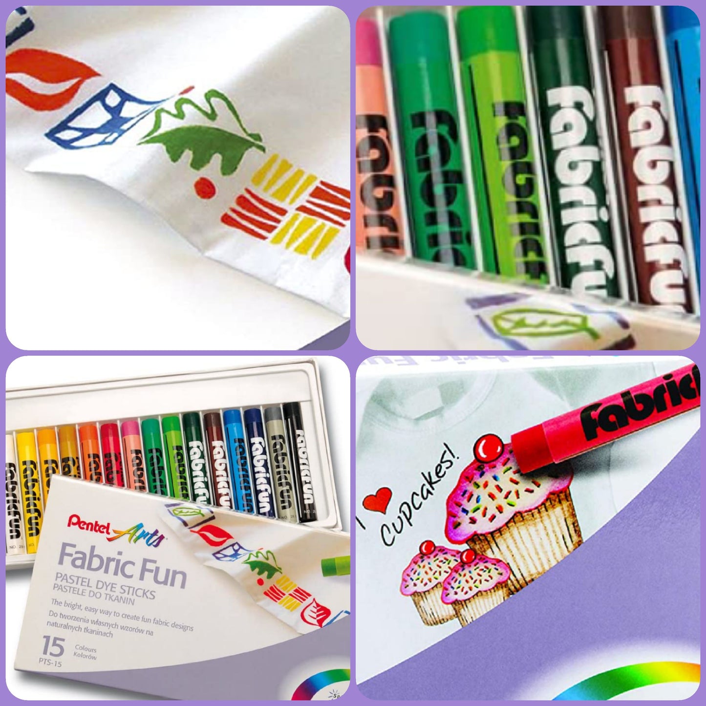 Pentel Arts Fabric Fun pastelli a cera 15 colori per stoffa tessuto uso dipingere magliette scarpe sacchetti t-shirt per bambini creativi hobby colorare