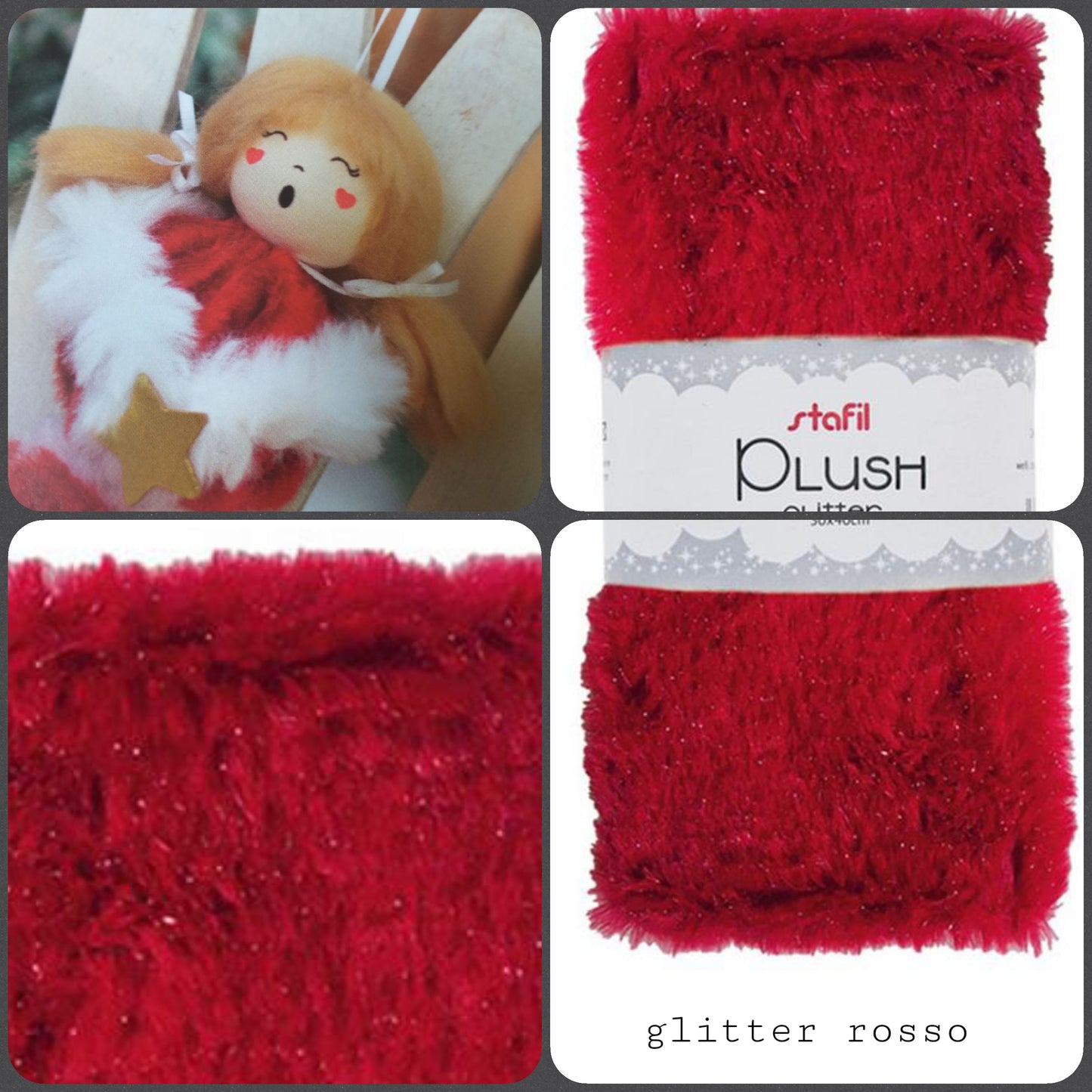 rosso glitter tessuto pelliccia sintetica stoffa da hobby creativi pelo corto plush idea fai da te angioletto bambola albero natale uso creare gnomi pupazzi folletti elfi fate angeli natalizi