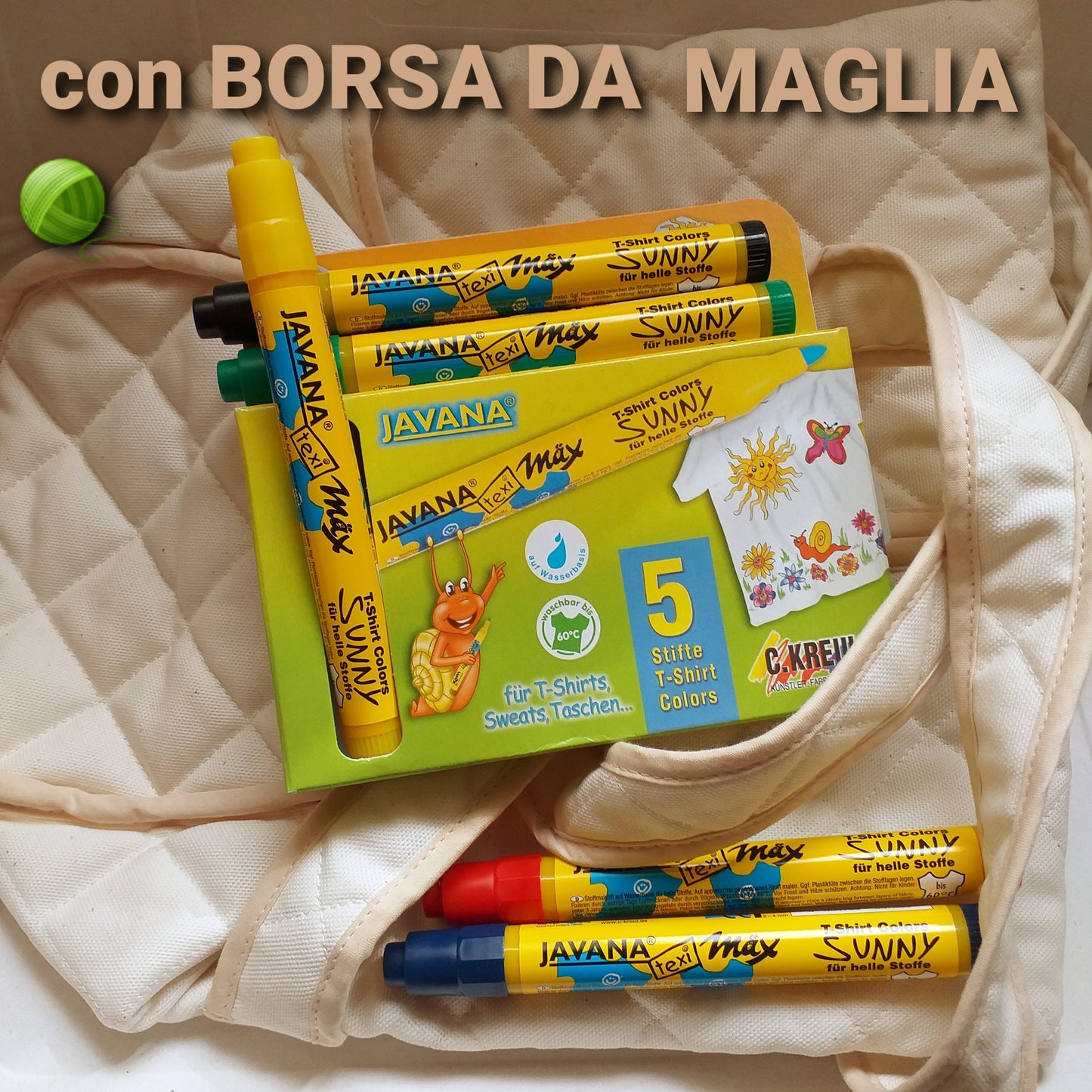 Idea regalo creativa borsa da maglia ferri uncinetto confezione regalo con pennarelli tessili Javana per tessuti stoffe chiare