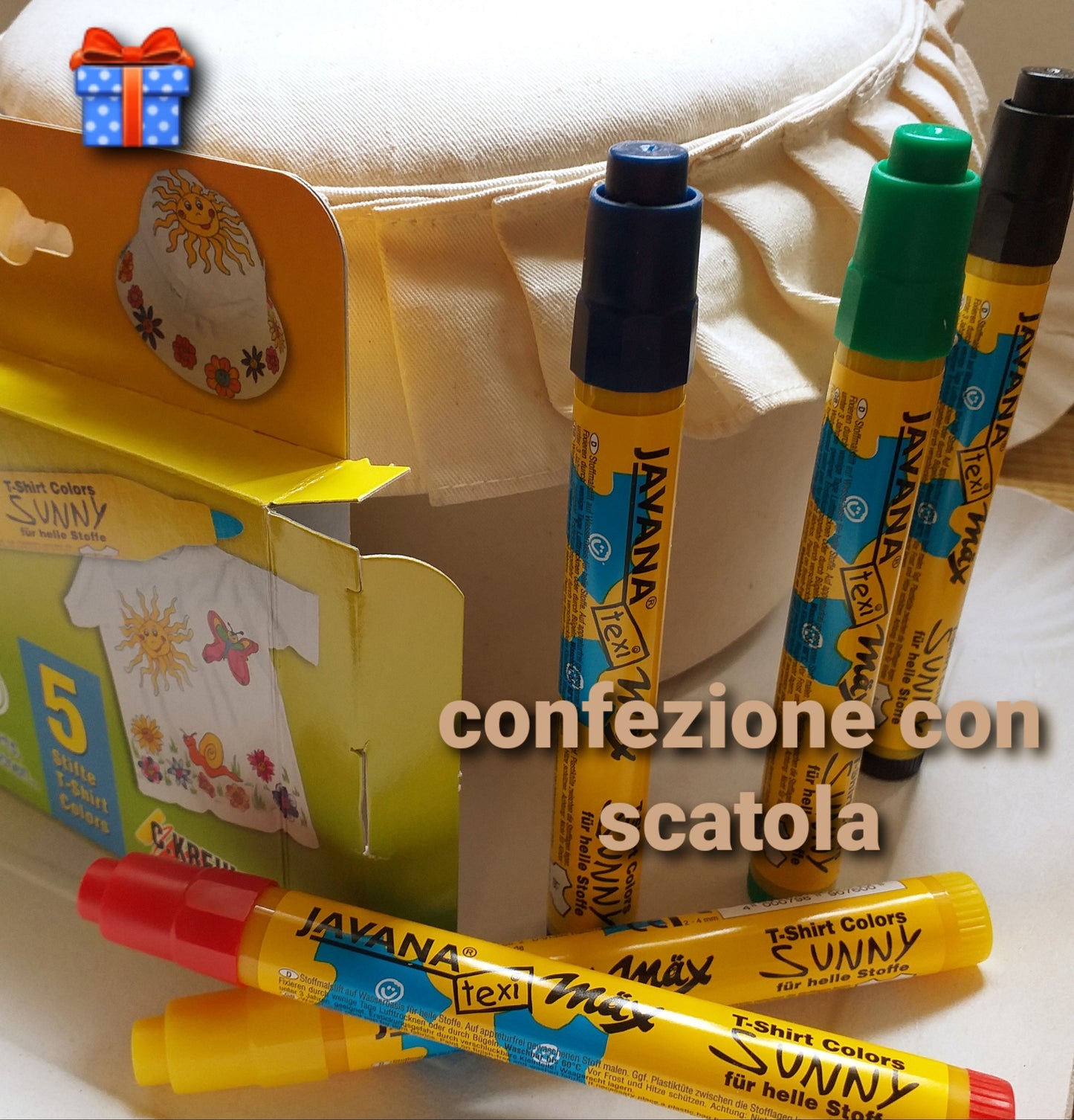 Idea regalo confezione scatola porta lavoro cucito con pennarelli tessili per tessuto chiaro stoffa javana Kreul primari indelebili