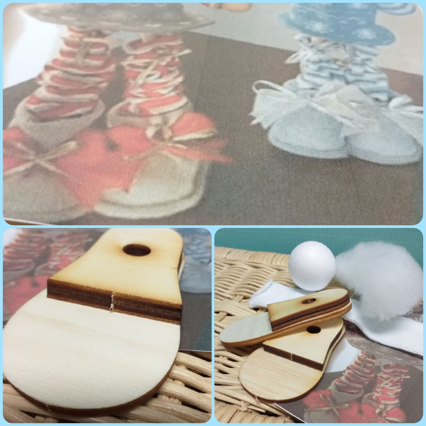 tutorial fotografico creare scarpine con piedi bambole legno misura grande calzine di mini tubolari con ovatta da imbottitura e pallina polistirolo