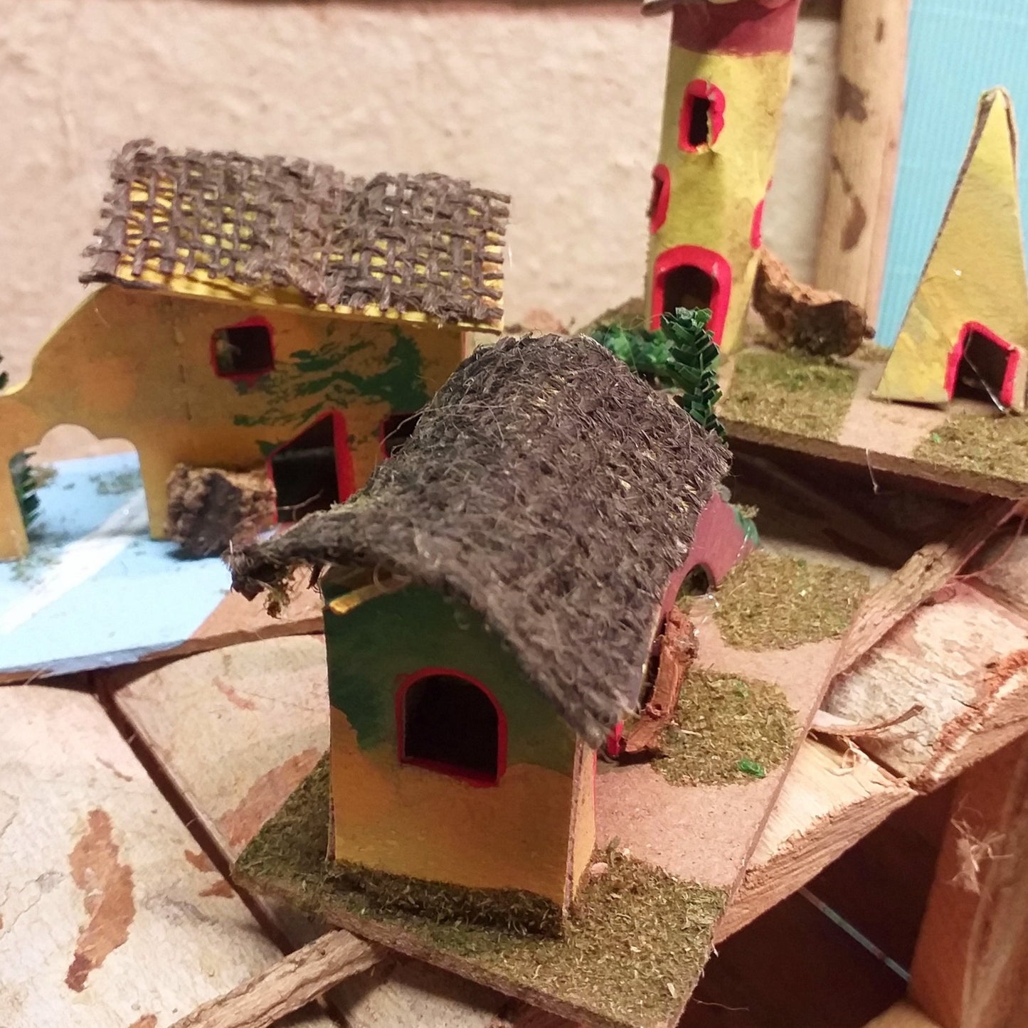 case con fiume fienile presepe fai da te stile napoletano ambienti per scenari base legno cartone tetto juta finestrelle porte per lucine