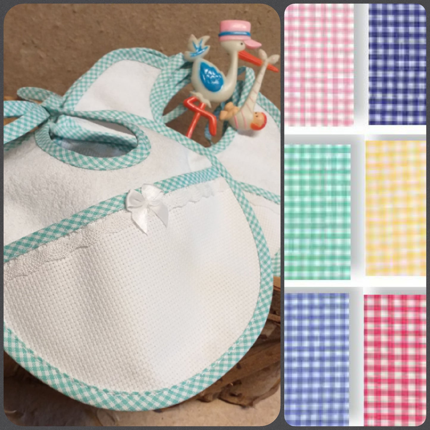 Baby vichy con fiocco bavette da ricamo con tela aida spugna bianca per punto croce, bavaglini bambini neonati quadretti blu rosso verde giallo articoli da ricamare