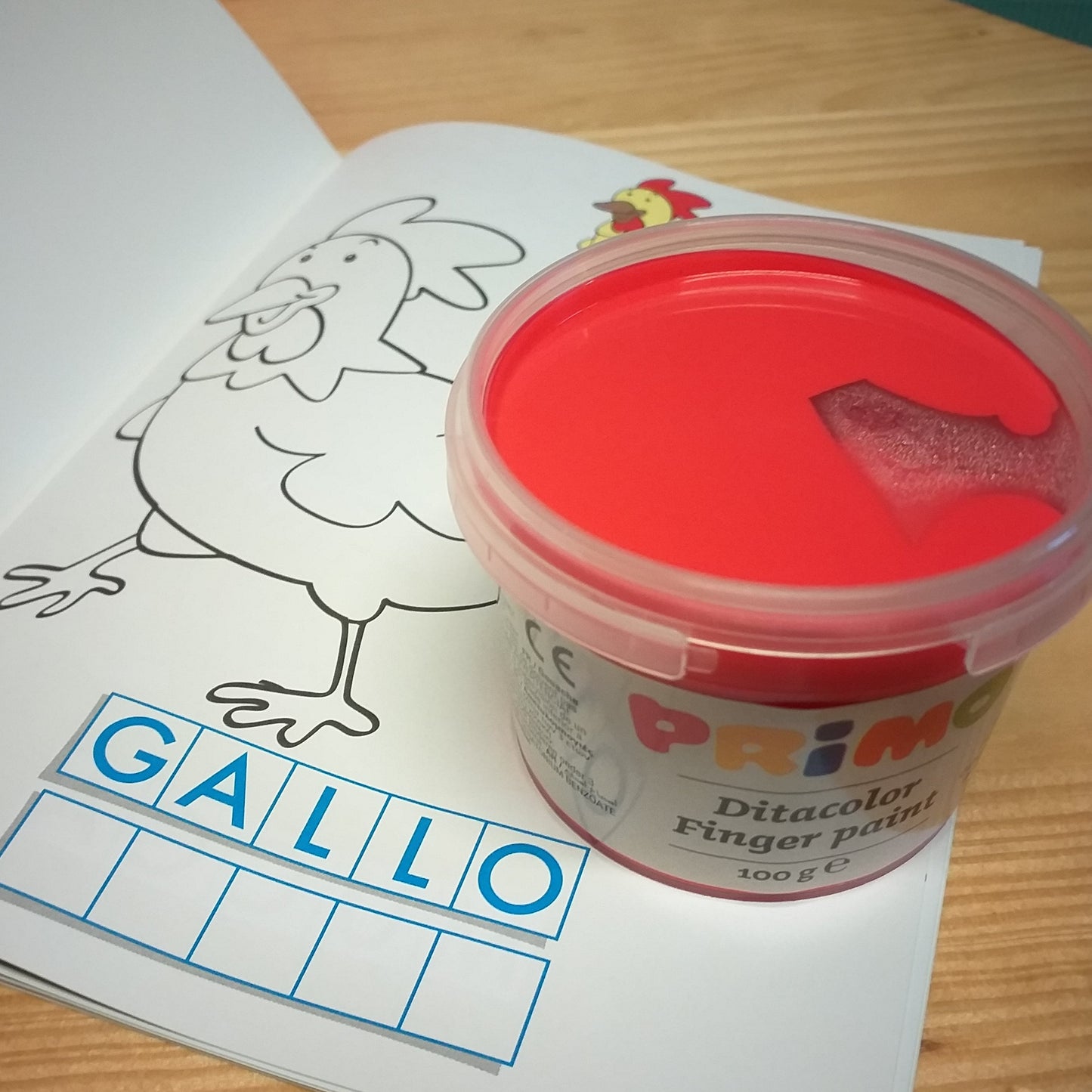 rosso Primo Ditacolor Finger paint tempere 100 g barattolo per pittura con dita e mani uso lavoretti creativi bambini idee disegni biglietti con gallo