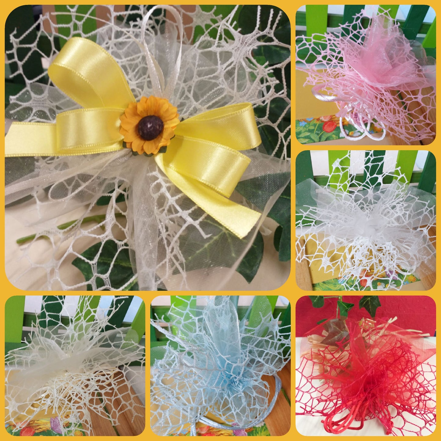 scelta colori sacchettini rete tulle sacchetti matrimonio coccarda girasoli bomboniere confezionate confetti bigliettino stampato o kit fai da te