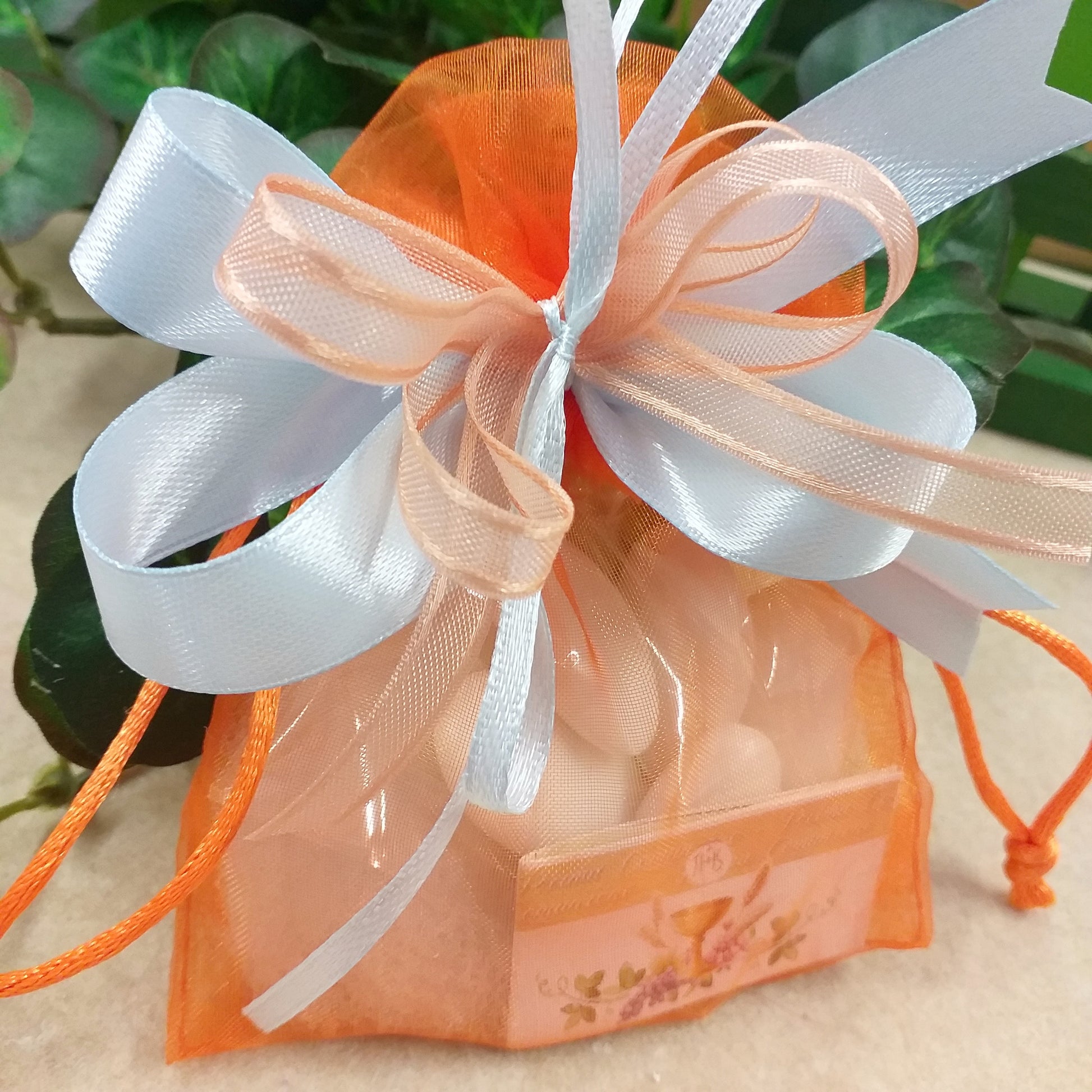 arancione pesca azzurro polvere bustina organza di sacchetti portaconfetti confezionati 5 confetti bigliettino Comunione colorati assortiti per bambino e bambina