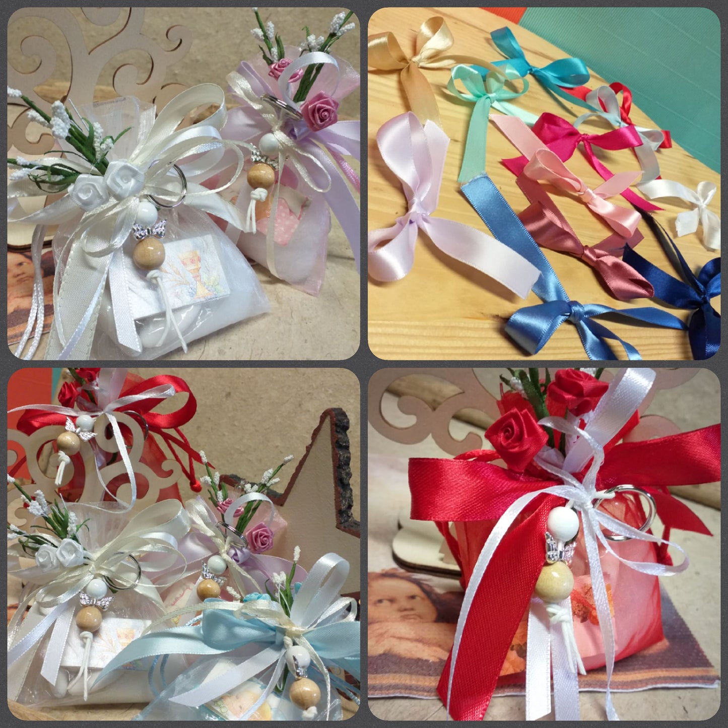 sacchettini colorati bomboniere portachiavi angioletto fatto a mano angelo perle legno artigianale per Battesimo bimbo bimba Comunione Cresima bambini ragazzi confezionato confetti bigliettino fiori roselline nebbiolina nastro