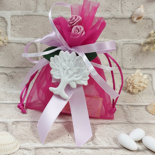 fucsia lilla sacchettini bomboniere organza gessetto albero della vita per confettata e segnaposto matrimonio Prima Comunione Santa Cresima Battesimo bimba femminuccia confezionati confetti e bigliettino personalizzato roselline